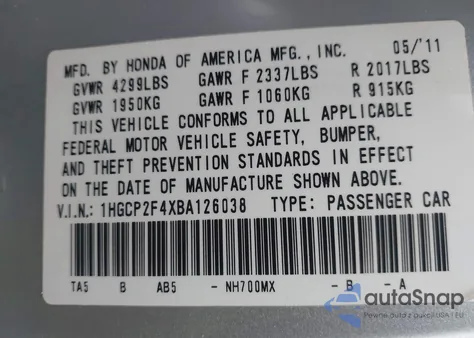 2011 Honda Accord 2.4 Lx-P из США, поврежденный, VIN 1HGCP2F4XBA126038